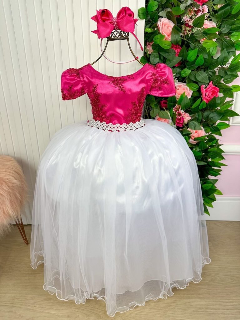Vestido Enjoy Longo Mari Peito Rendado Pink Saia Branca