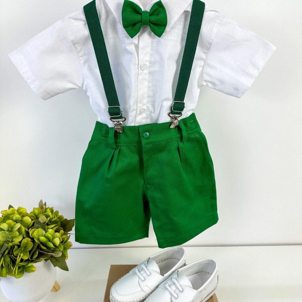 Conjunto Miss Cherry Henry Camisa Branca Suspensorio Verde