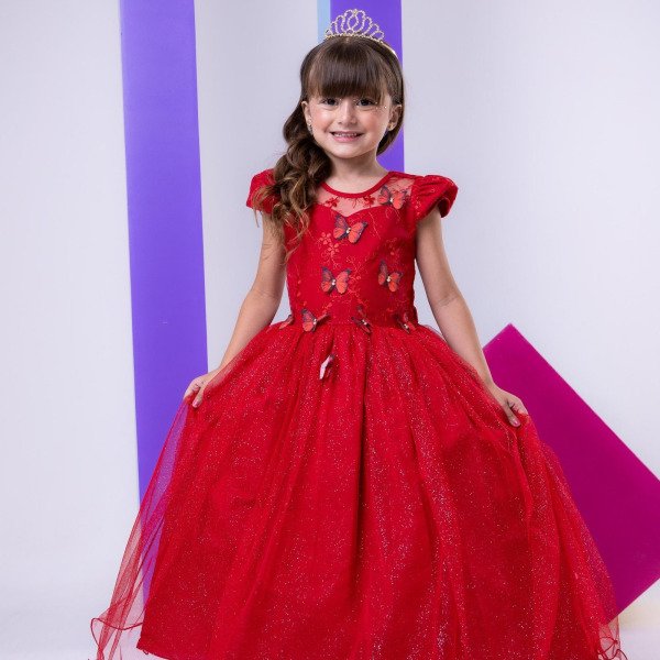 Vestido Vila Lele Longo Jardim Encantado Borboletas Vermelho