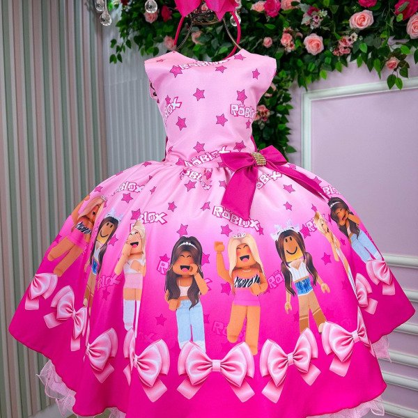 Vestido Infantil Temáticos Luxo Roblox Rosa