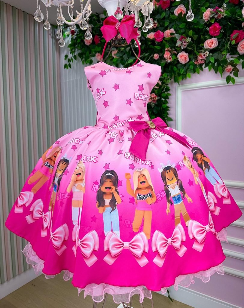Vestido Infantil Temáticos Luxo Roblox Rosa