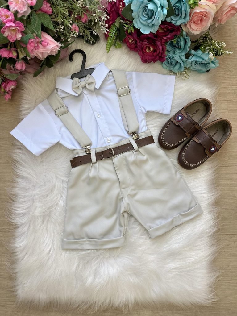 Conjunto Miss Cherry Meninos Social Shorts Ravi Cinza Claro