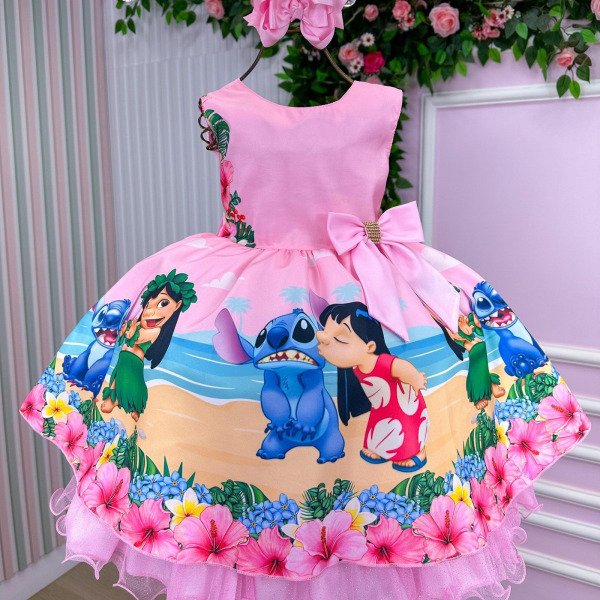 Vestido Infantil Temáticos Luxo Lilo e Stitch Rosa