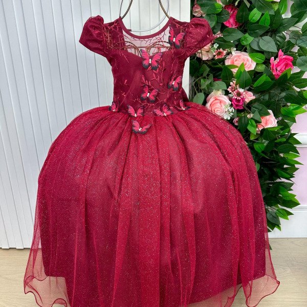 Vestido Vila Lele Longo Jardim Encantado Borboletas Marsala