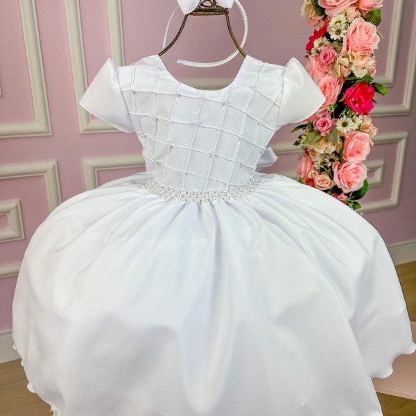 Vestido Ysa Kids Branco Peito Perolas