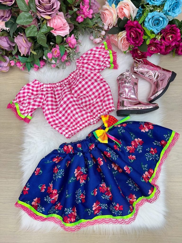 Conjunto Junino Banana Club Luxo Mirela Saia Florida Azul