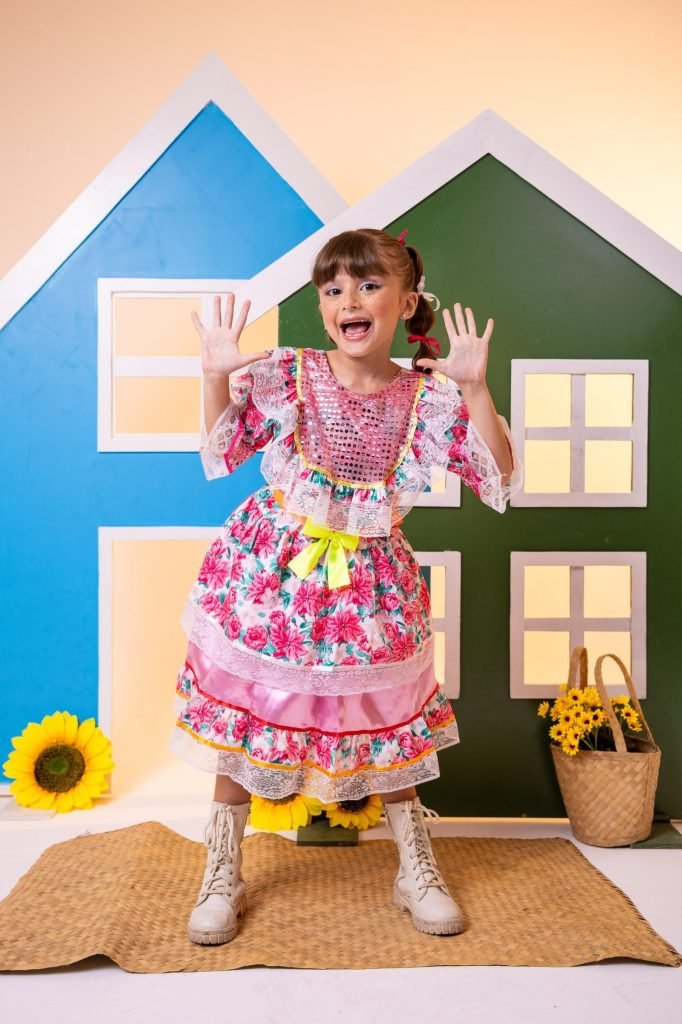 Vestido Junino Bell Luxo Arraia do Brilho Rosa Bebe