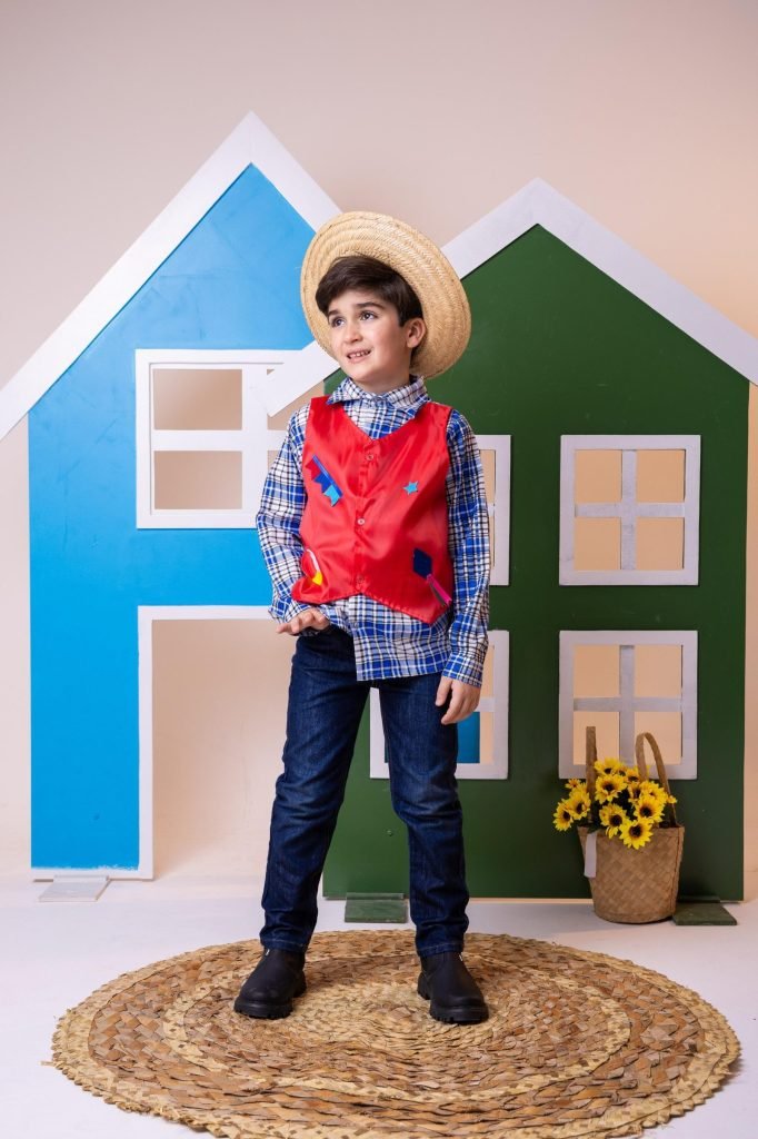 Camisa Junina Xadrez São João Colete Vermelho