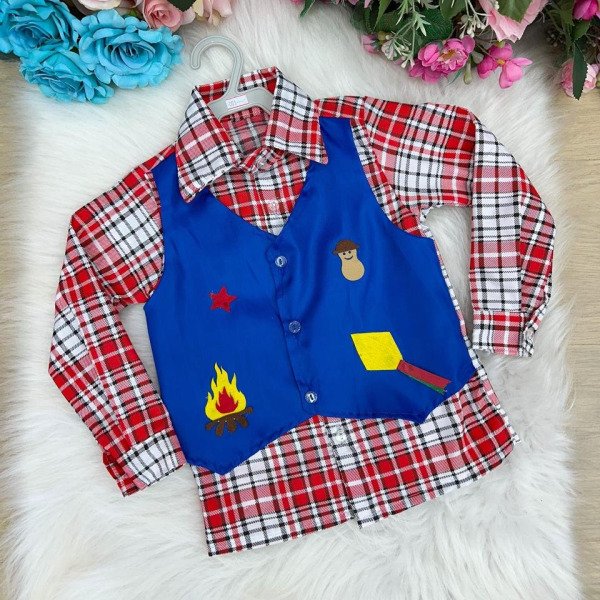 Camisa Junina Xadrez São João Colete Azul
