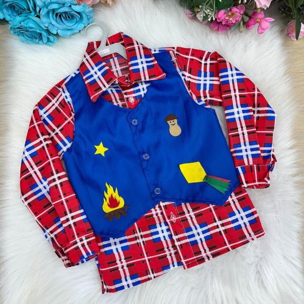 Camisa Junina Xadrez São Pedro Colete Azul