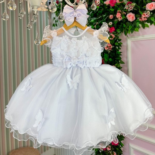 Vestido Marie Bebe Branco Jardim Encantado Laço