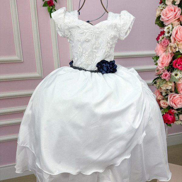 Vestido Lorenzetti Longo Branco Peito Rendado Cinto Azul Marinho