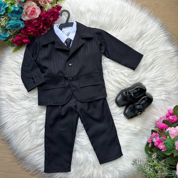 Conjunto Miss Cherry Social Terno – Blaizer Listrado e Calça Lisa Gael Preto