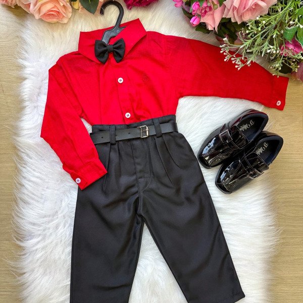 Conjunto Masculino Miss Cherry Social Vermelho Linho Com Calça Preto Henrique