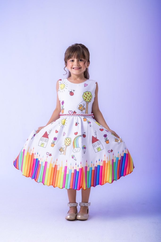 Vestido Marie Lapis Aquarela ABC Branco e Vermelho