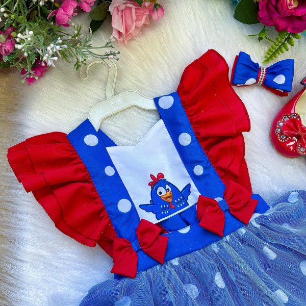 Romper/Vestido Princesa Belli Galinha Pintadinha Azul e Vermelho
