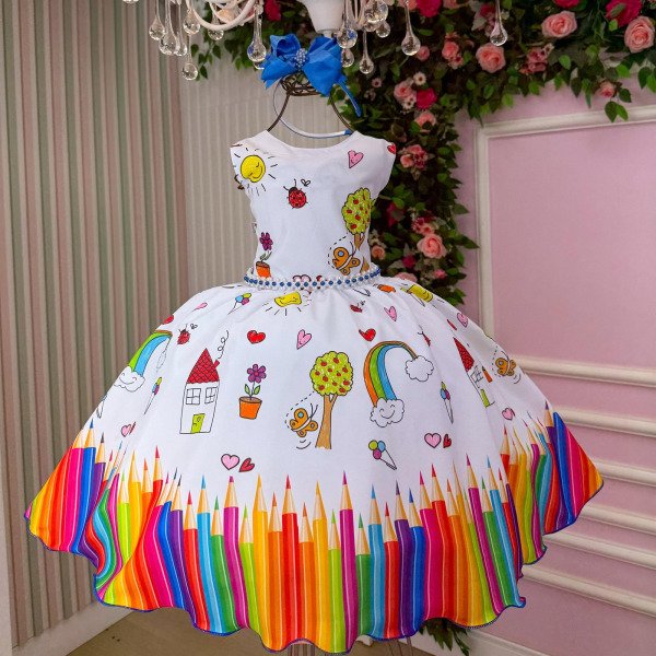 Vestido Marie Lapis Aquarela ABC Branco e Azul Royal