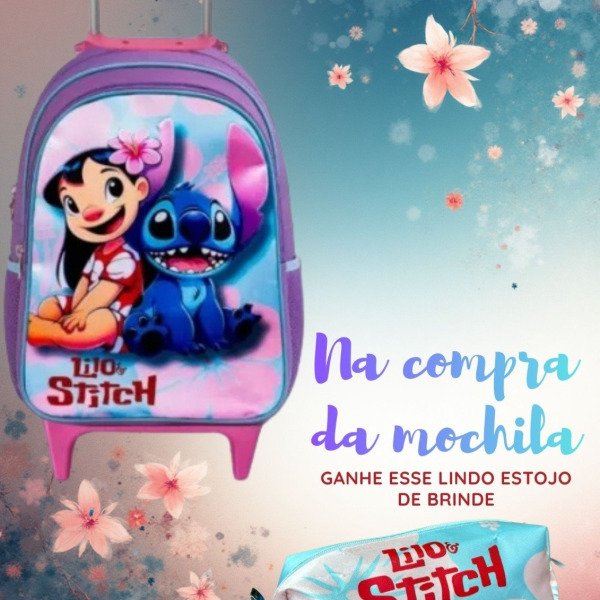 Mochila Rodinhas Lilo e Stitch + Estojo de Brinde
